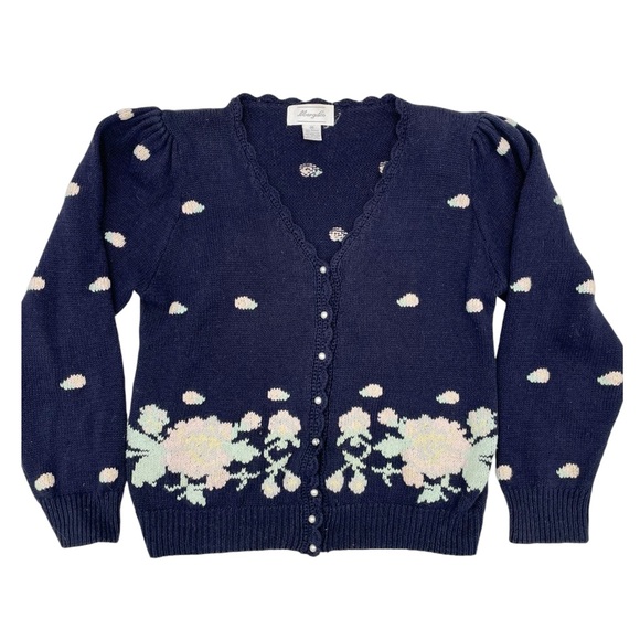 Vintage Margules Knit Cardigan Sweater Floral Embroidered Navy Blue Size Medium - Picture 1 of 8